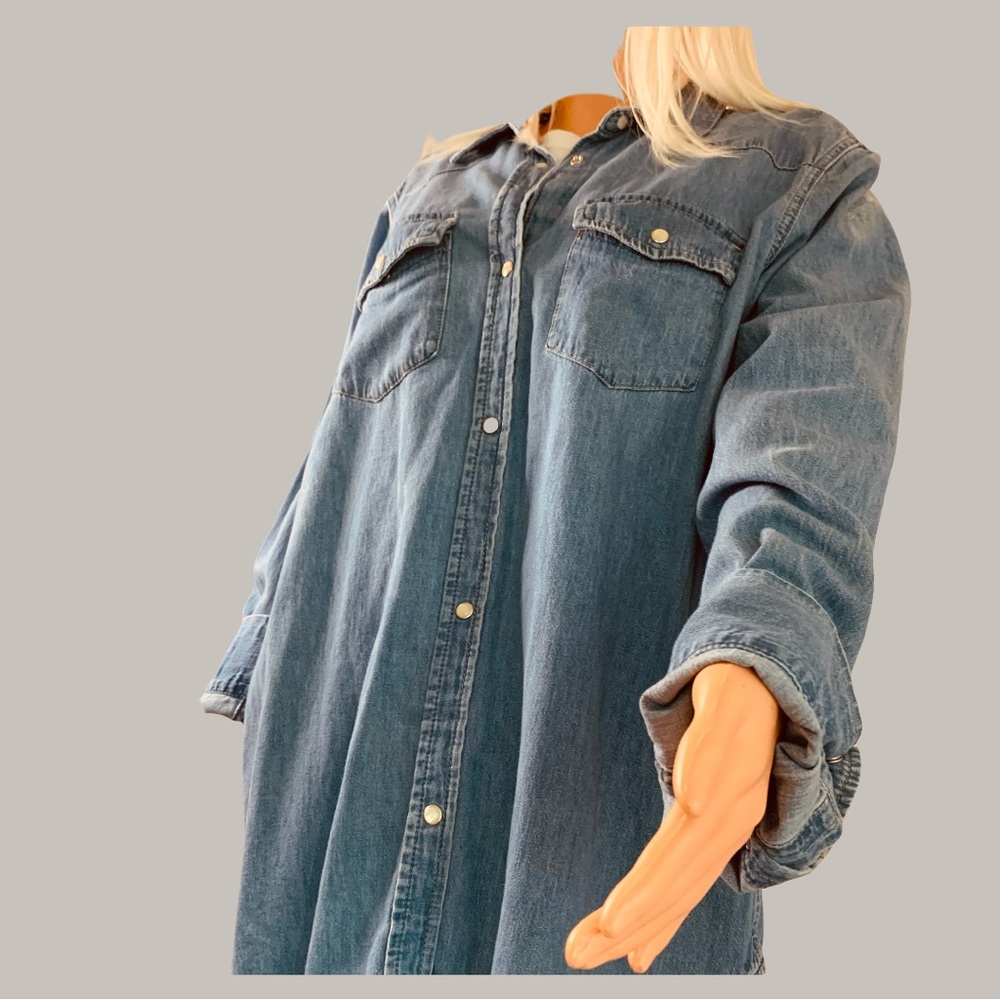 Upcycled Denim bleached Bigfoot or Sasquatch footprint button down shirt. - Picture 8 of 14
